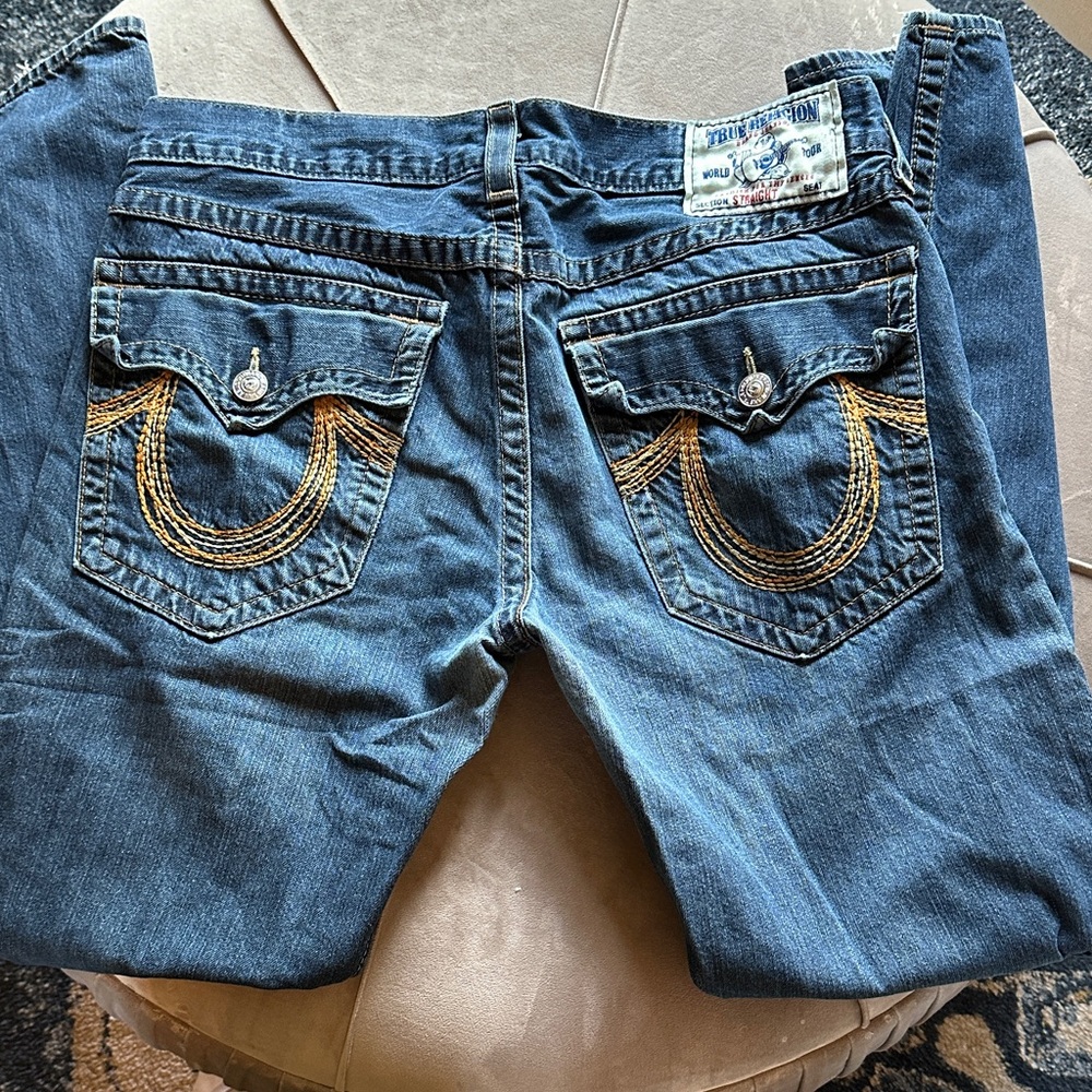 True Religion Men's Blue Bootcut Jeans with Gold Stitching